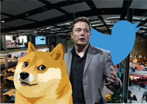Elon Musk, y el nuevo logo de twitter, Doge de Dogecoin.