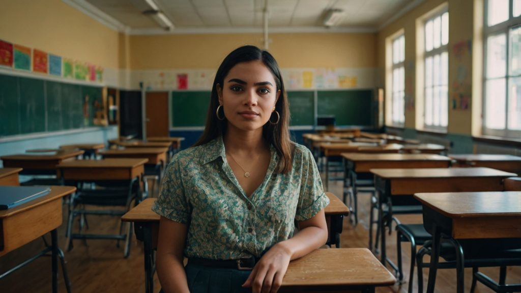 maestra latina en un aula de clases aprendiendo sobre psicología educativa