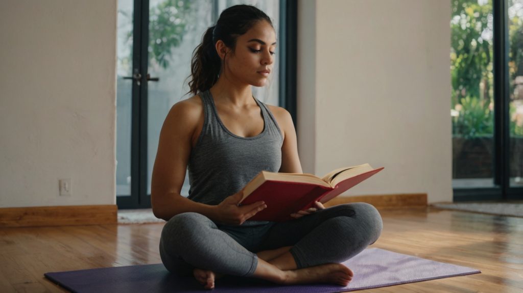 mujer leyendo un libro mientras hace yoga aprendiendo los tipos de aprendizaje