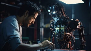robótica ingeniero repara robot en una fábrica