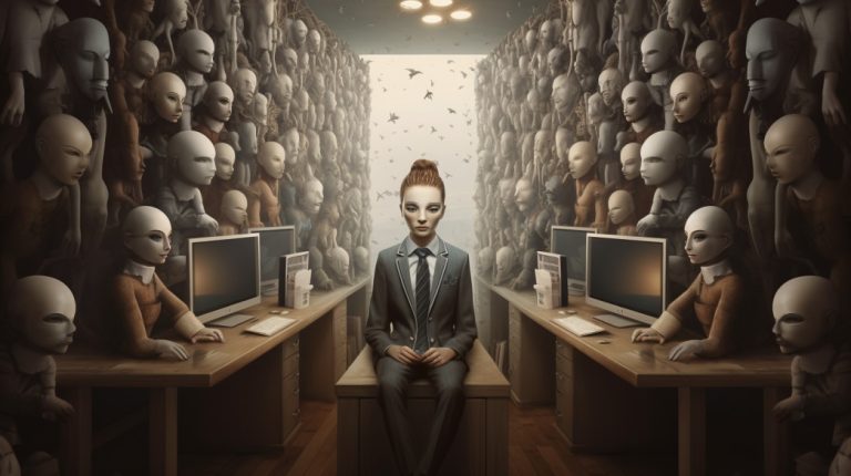 Person with Impostor Syndrome being watched by faceless figures