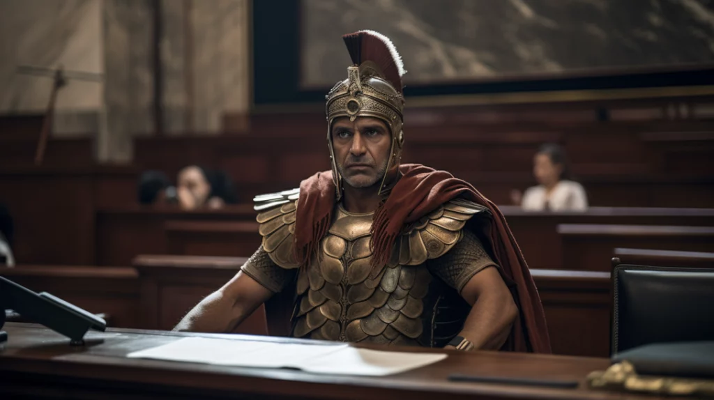 soldado romano aplicando las leyes romanas de derecho en un juzgado con armadura