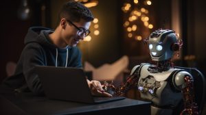 robot con inteligencia artificial enseñándole herramientas para programar a un programador