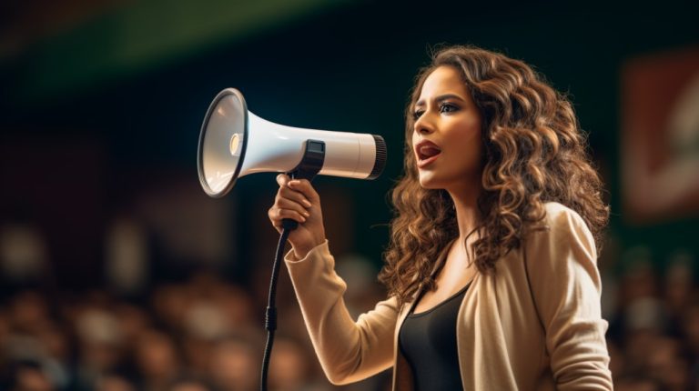 Mujer dando una conferencia frente a un público comunicando su comunicación