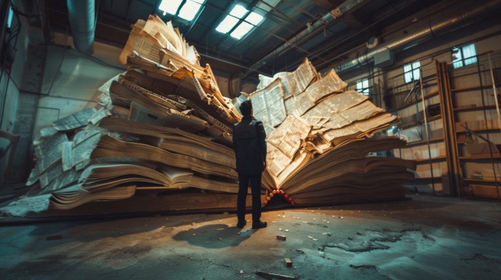 Hombre plagiando un contenido de comunicación frente a un libro gigante