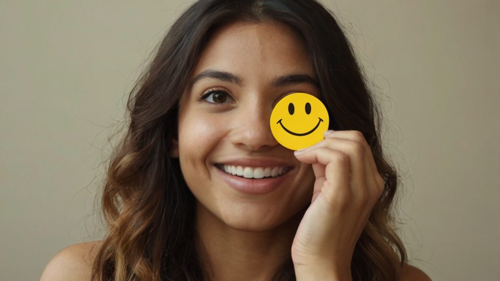 yellow day una mujer latina sonriendo mientras sostiene una cara feliz en su ojo 