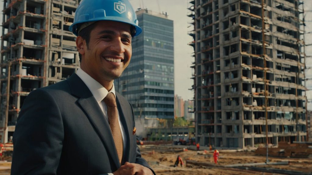 licenciado en arquitectura latino sonriendo frente a una obra en construcción 