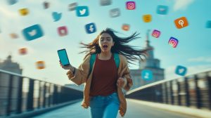 Chica latina escapando del impacto de las redes sociales