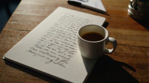 Storytelling un cuaderno con un guión y una taza de café