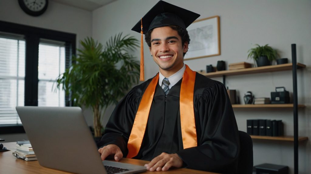 Un hombre latino superándose en su trabajo al estudiar una carrera ejecutiva 