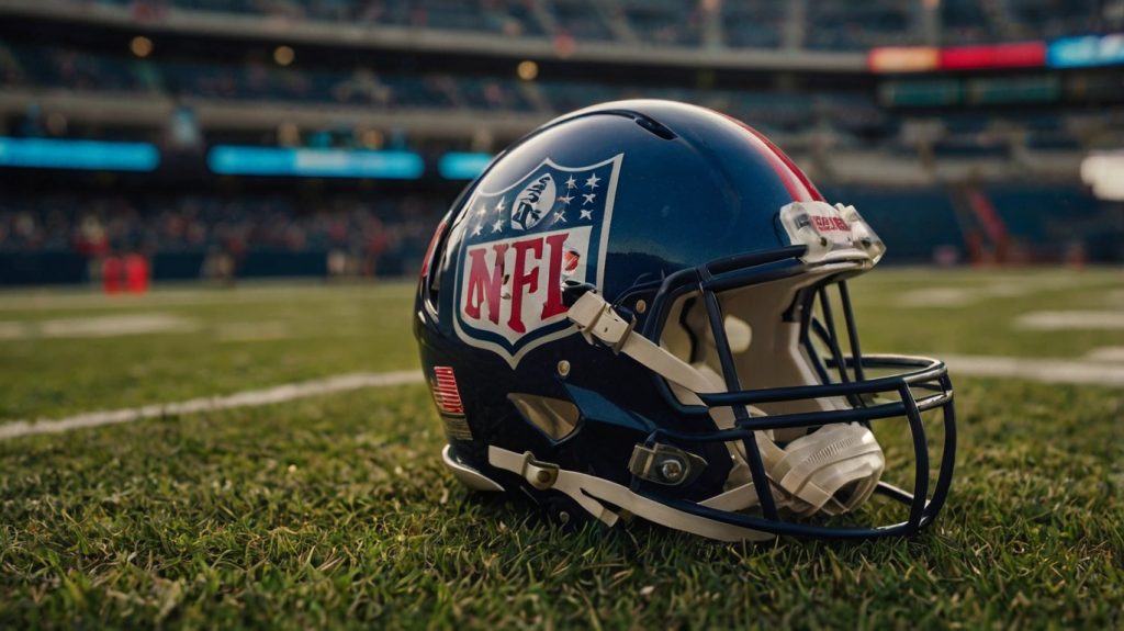 Un casco de fútbol americano en el césped. Tiene stickers de la NFL