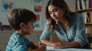 una psicóloga latina con un niño