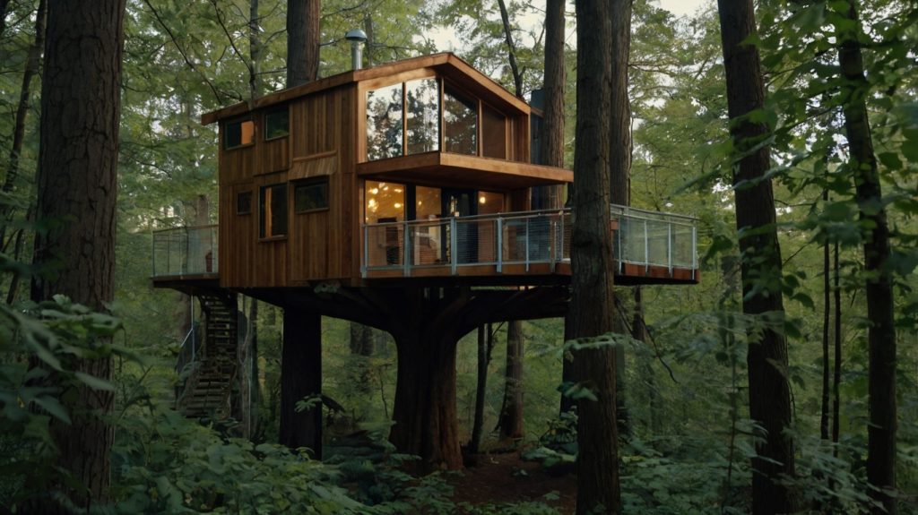 una casa del árbol construida con arquitectura sostenible