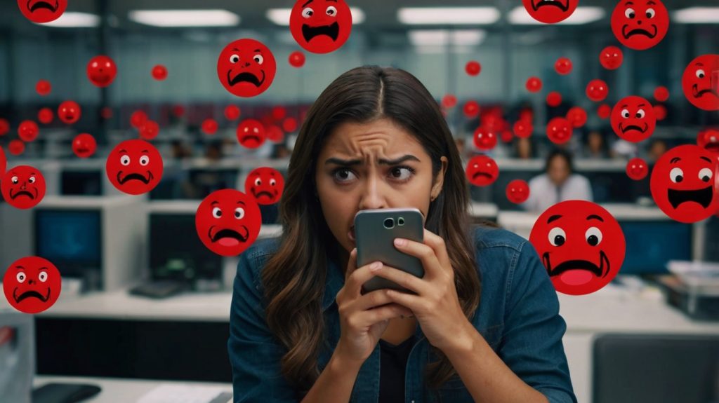 emojis de enojo volando al rededor de una comunicóloga que provocó una crisis en redes sociales