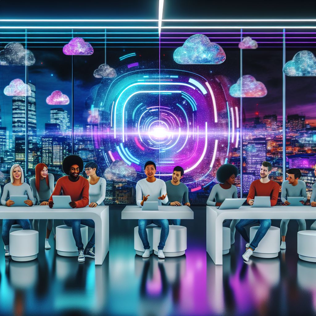 Innovación en Agencia Digital con DeepSeek Video Grupo diverso en agencia digital usando DeepSeek Video frente a interfaz futurista