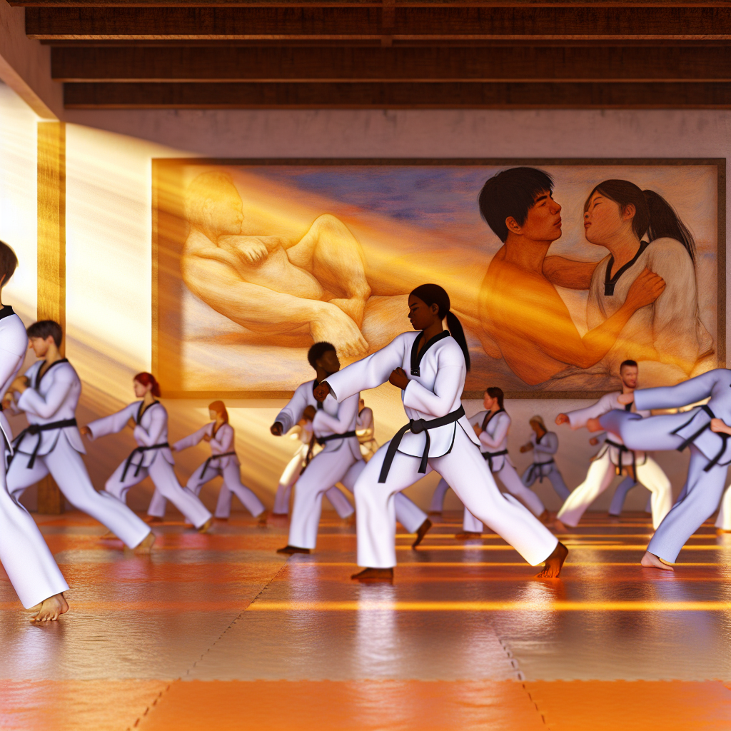 Beneficios del Taekwondo en Salud Mental y Depresión Personas practicando taekwondo en un gimnasio, combate la depresión y mejora la salud mental.