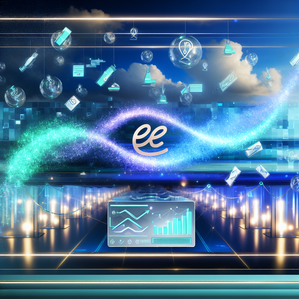 Descubre la Innovación Digital de SkinCeuticals y Appier Impresionante representación digital con elementos flotantes y logo 'ee', alianza SkinCeuticals Appier