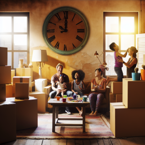 Familia multicultural disfrutando un descanso en su nuevo hogar rodeada de cajas para manejar el estrés de la mudanza