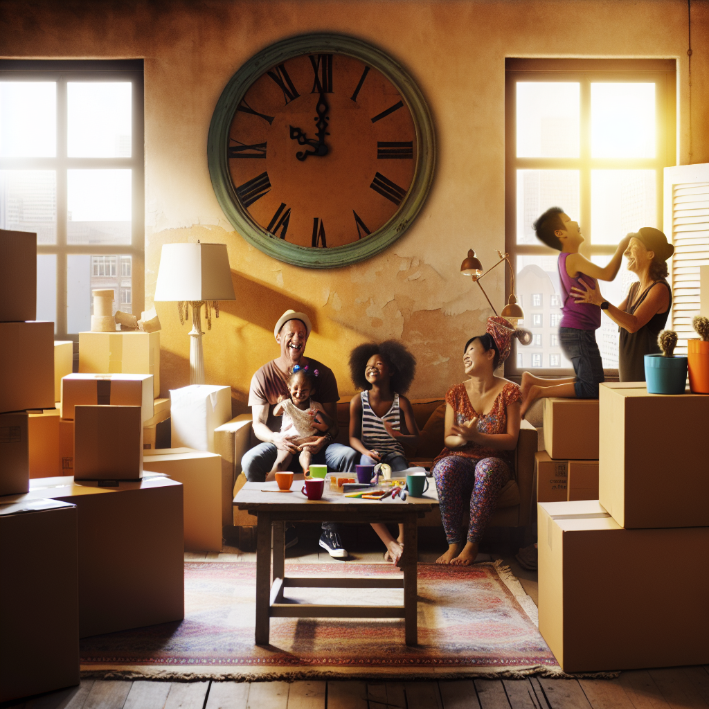 Disfrutando un Descanso Familiar en Medio de una Mudanza Familia multicultural disfrutando un descanso en su nuevo hogar rodeada de cajas para manejar el estrés de la mudanza