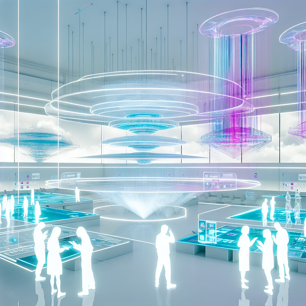 Explorando la Arquitectura Futurista y Digital Innovaciones digitales en un entorno arquitectónico moderno con figuras humanas y estructuras iluminadas