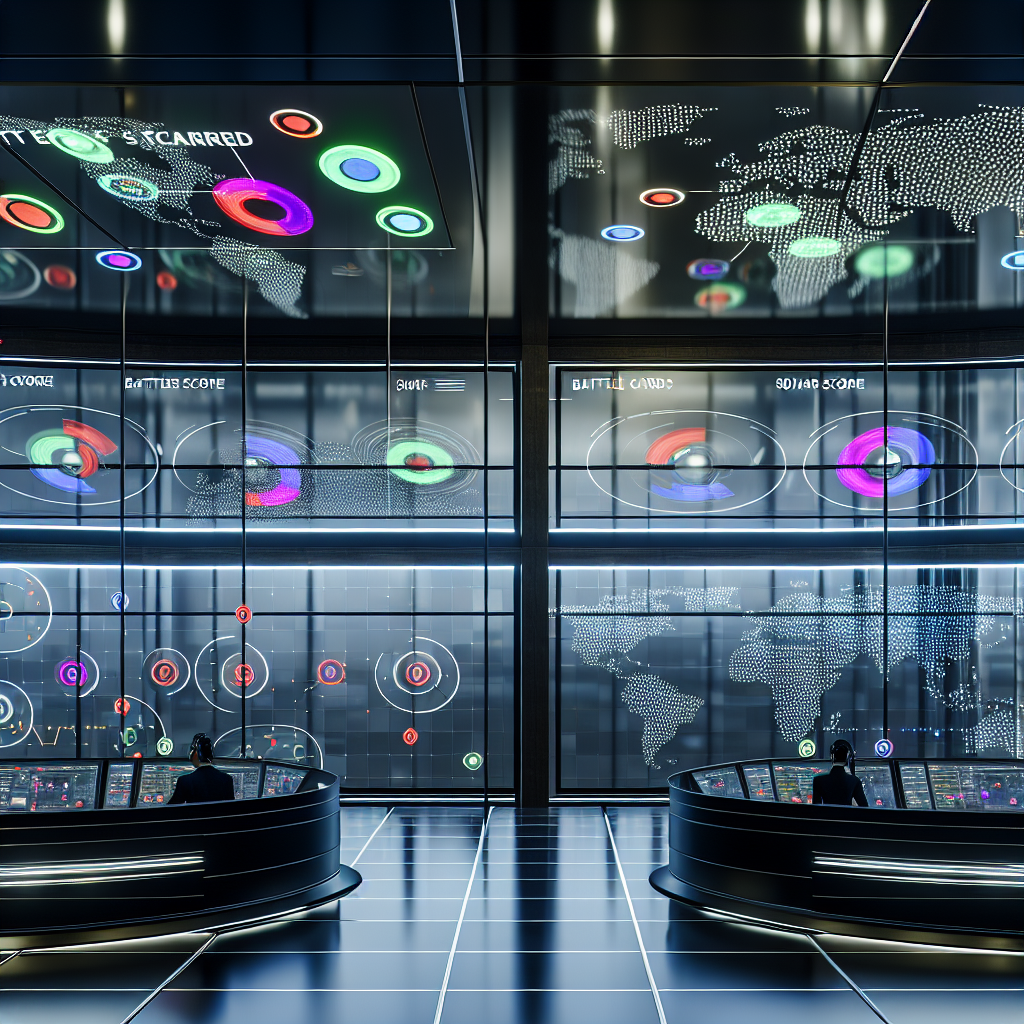 Centro de Monitoreo Global: Inteligencia Competitiva en Tiempo Real Sala de control moderna mostrando inteligencia competitiva en tiempo real con mapas y datos globales