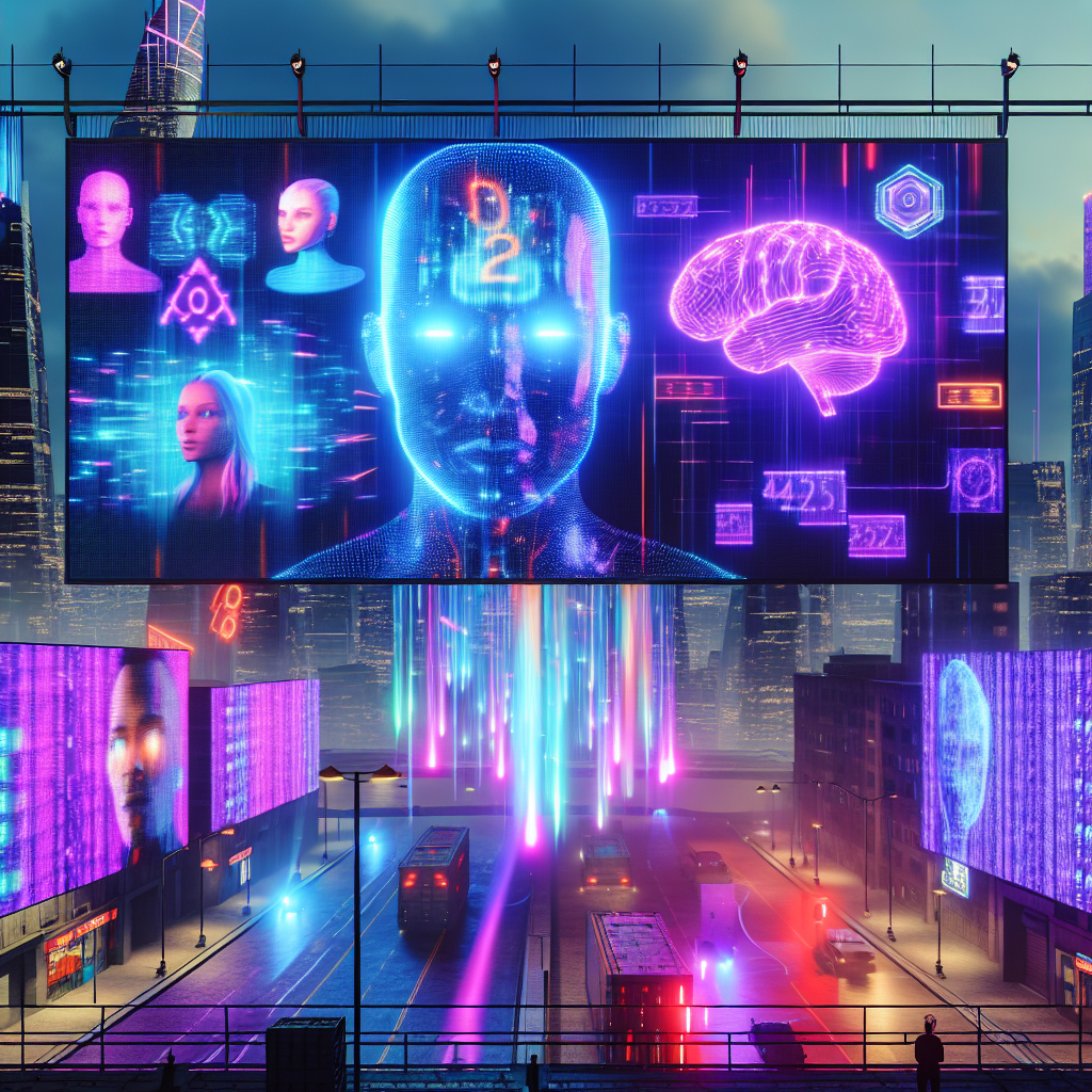 Tecnología IA en Ciudad Futurista Mejora Resultados en Publicidad Pantallas de ciudad futurista mostrando IA para incrementar la rentabilidad en anuncios