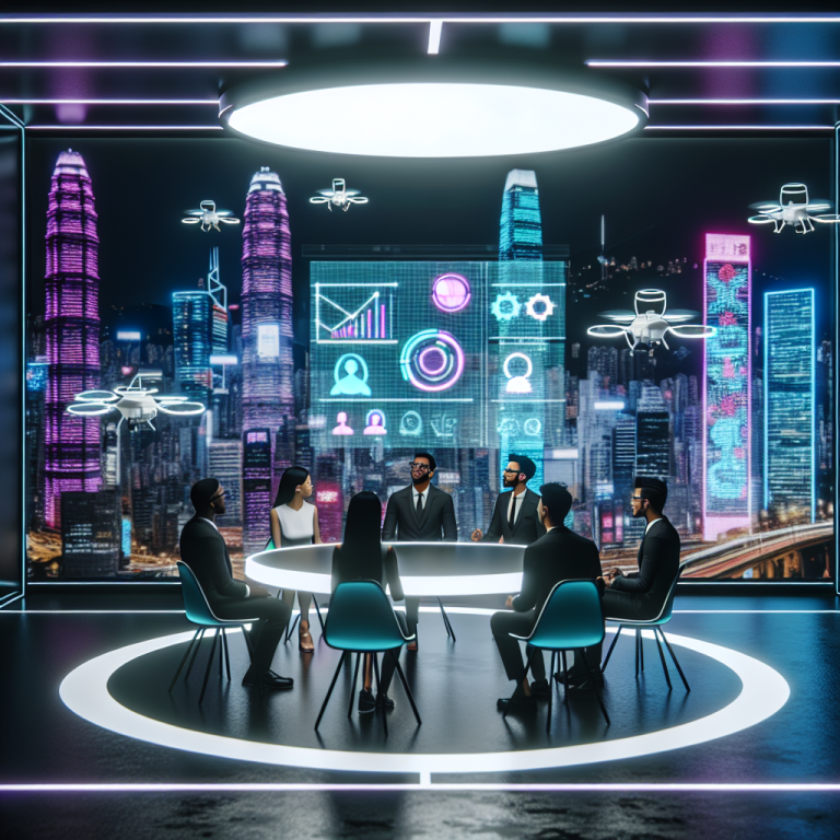 Reunión de consultoría de Geniushub para PYMEs en futurista oficina con vistas de Hong Kong