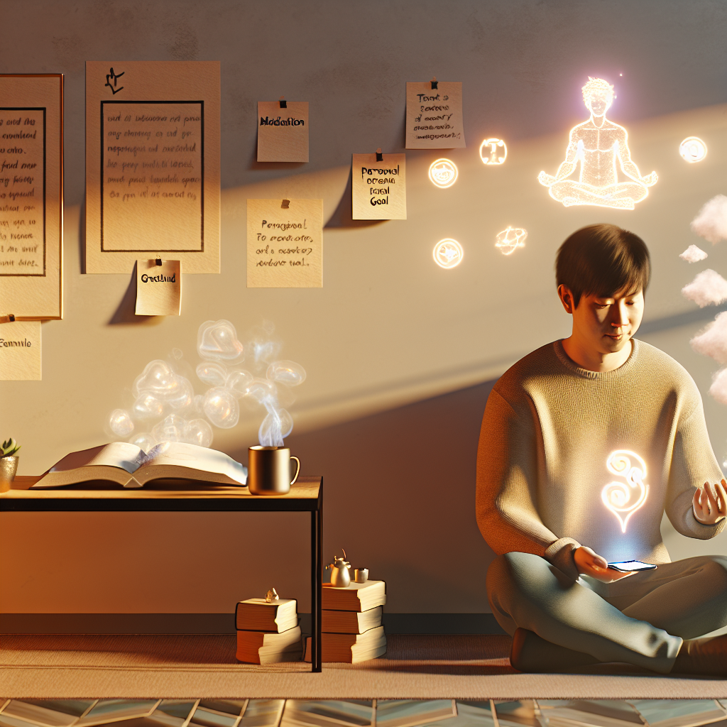 Descubre cómo construir fortaleza mental con tu smartphone Hombre joven meditando utilizando su smartphone para construir fortaleza mental y bienestar personal