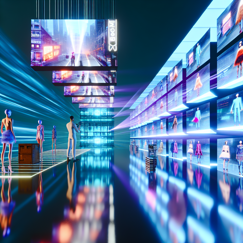 Innovación en Moda: IA y Marketing Digital al Futuro Maniquíes y pantallas mostrando moda en entorno digital futurista con IA optimizando campañas de marketing.