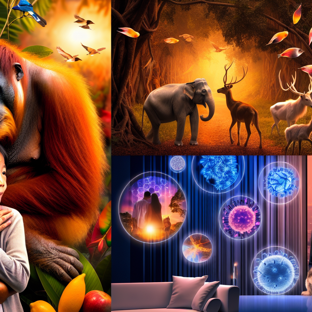 Explora la Evolución y Empatía en el Reino Animal Montaje visual sobre la evolución de la reproducción sexual y empatía animal en distintos entornos