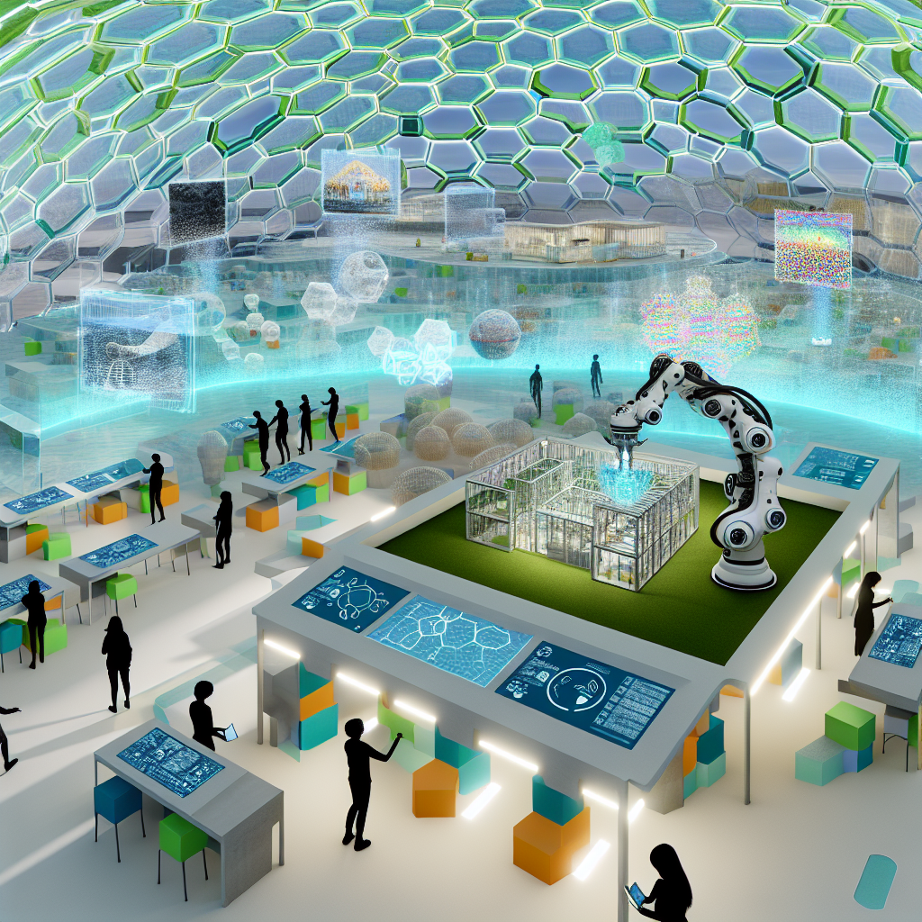 Explora el Futuro de la Arquitectura y la Tecnología Sala de exposición futurista con programas de arquitectura avanzada y tecnología digital