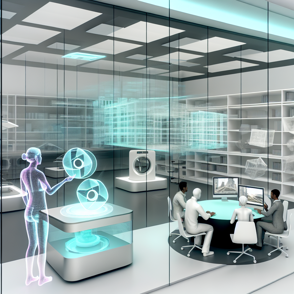 Innovación en Arquitectura con GPUs Arc Pro en Startups Modernas Profesionales en una oficina futurista usando GPUs Arc Pro en arquitectura y diseño.