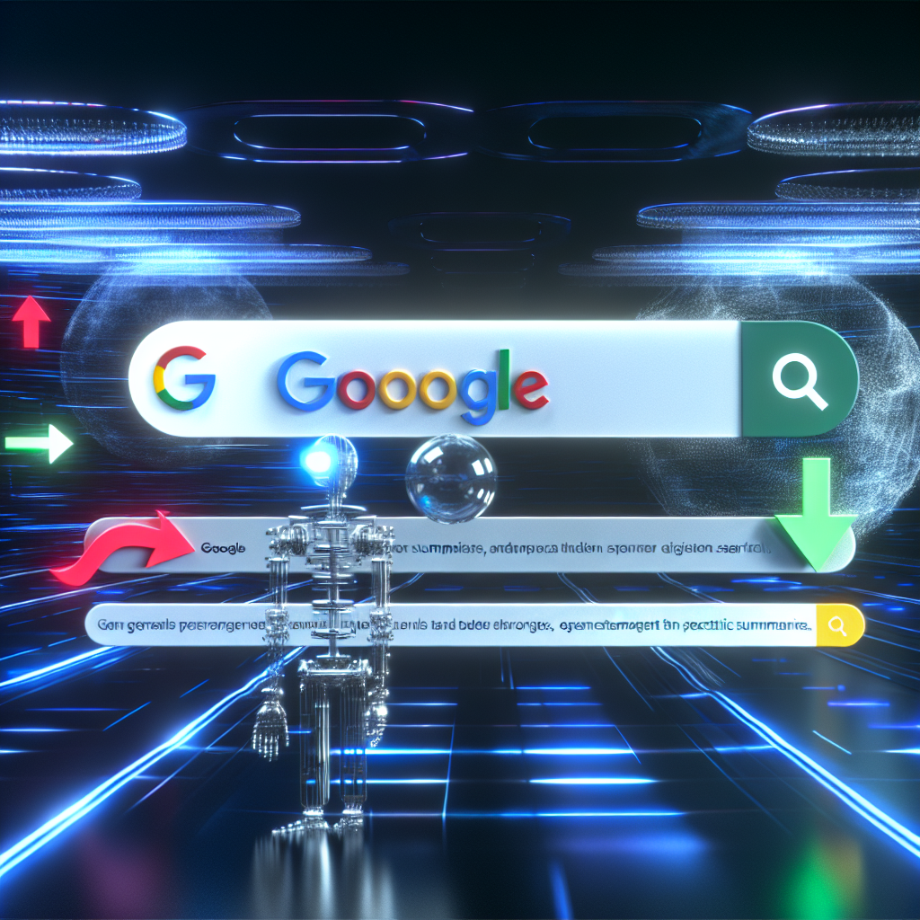 Innovación en búsqueda: IA y Google en un entorno futurista Barra de búsqueda de Google en entorno futurista con robot, ideal para resúmenes IA en resultados de búsqueda