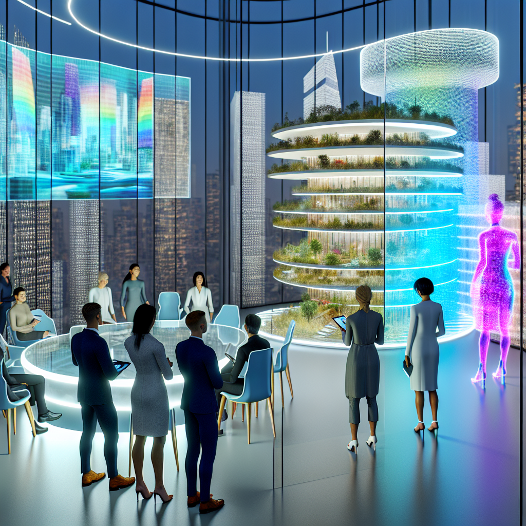 Fomentando la Inclusión LGBTQ+ en el Futuro de la Construcción Reunión diversa en oficina futurista destacando inclusión LGBTQ+ en construcción