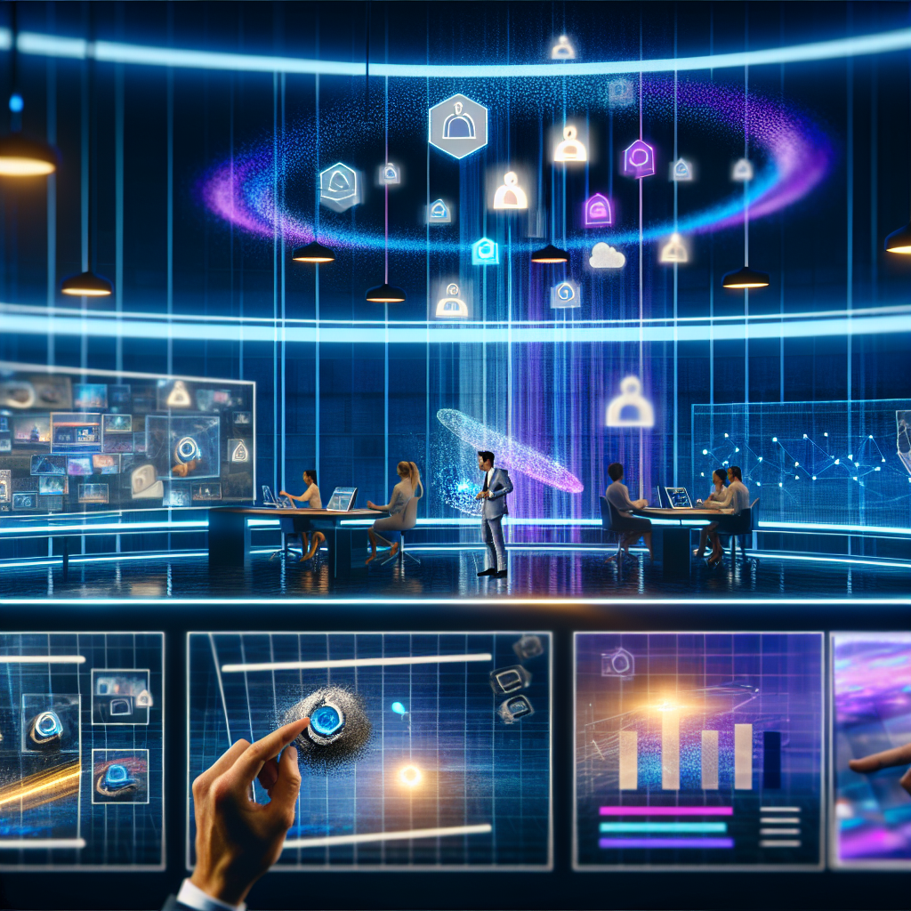 Innovación en Marketing Digital Empresarial Personas trabajando en un entorno de oficina futurista con tecnologías avanzadas para estrategias efectivas de marketing digital empresarial.