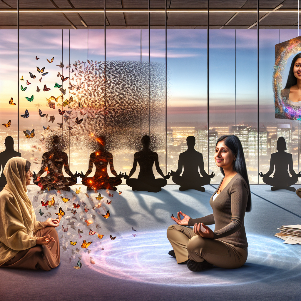Encuentra bienestar emocional mediante la meditación diaria Mujeres practicando meditación para bienestar emocional en la vida cotidiana, con mariposas y fondo urbano