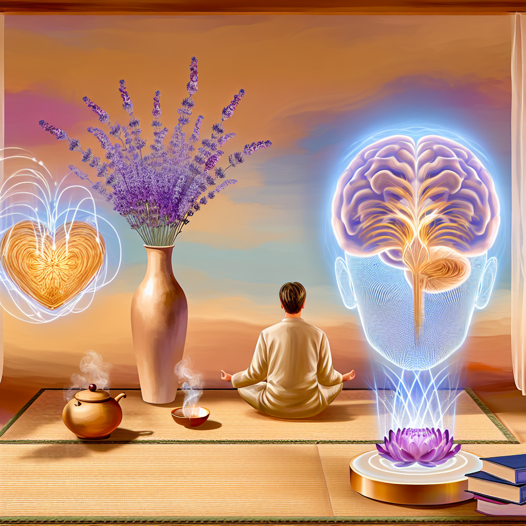 Meditación y Bienestar Cerebral: Estrategias para el Dolor Crónico Hombre meditando con visualizaciones de corazón y cerebro, enfoque equilibrado para manejar el dolor crónico