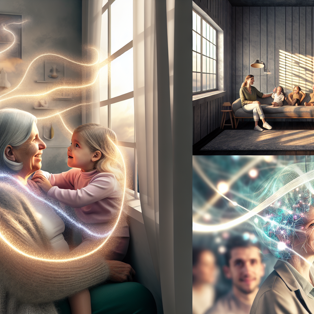 La Magia de la Neuro-Resiliencia en Relaciones Familiares Abuela y nieta conectando a través de la neuro-resiliencia en una sala iluminada
