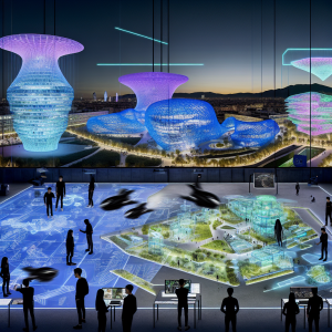 Futurista exposición de IAAC en arquitectura y diseño con modelos iluminados y mapas interactivos