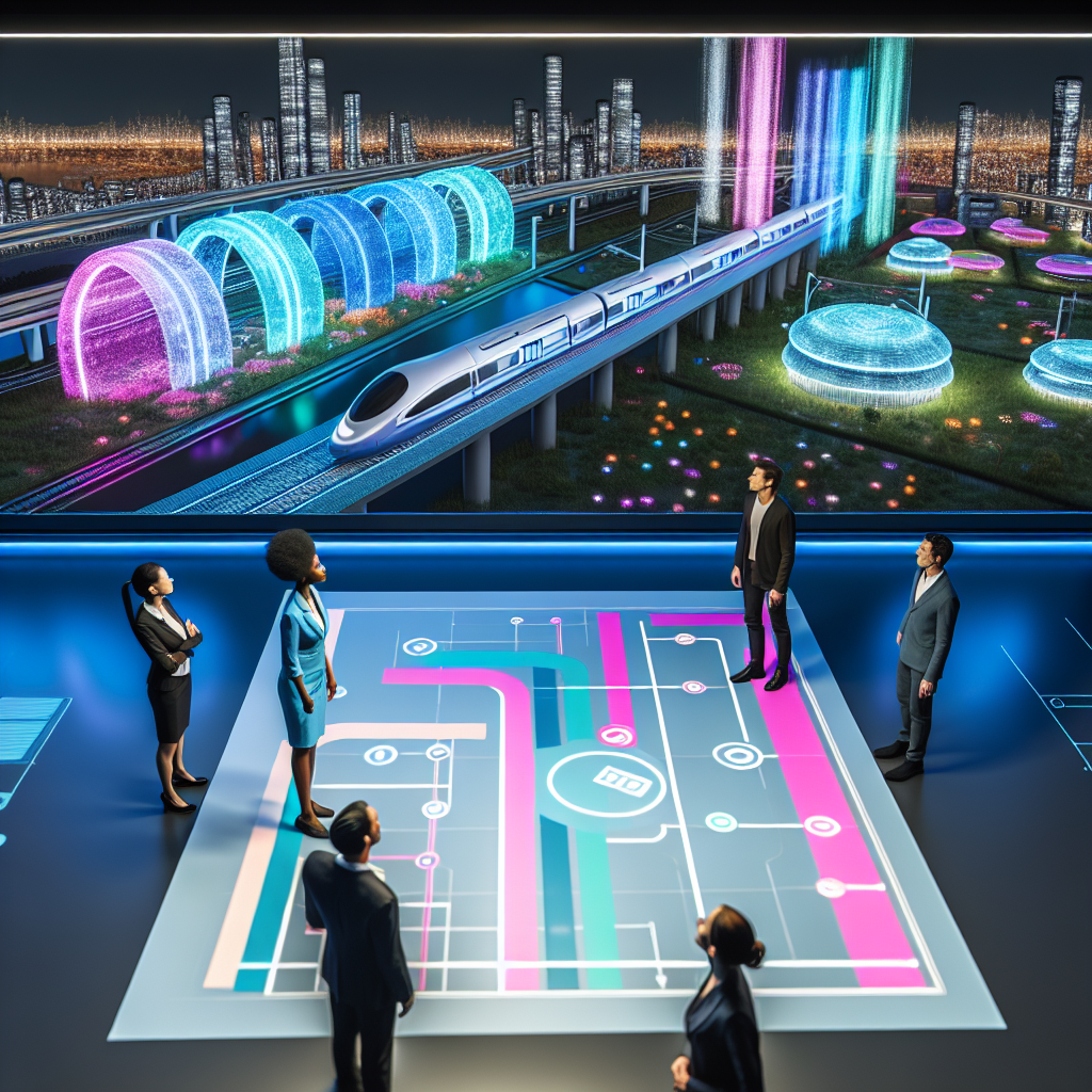 Explorando los beneficios del diseño integrado en la arquitectura futurista Equipo de arquitectos evaluando una maqueta de ciudad inteligente con beneficios de la IPD